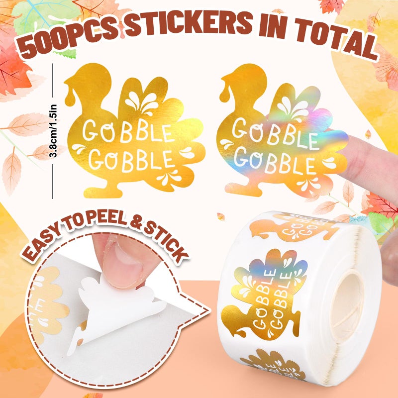 Whaline Fall Thanksgiving Turkey Stickers Roll Gold Foil Turkey Gobble Seal Stickers Waterproof Self-Adhesive Decals for Envelope Journal Decor Autumn Harvest, 500 Pcs - Image 2